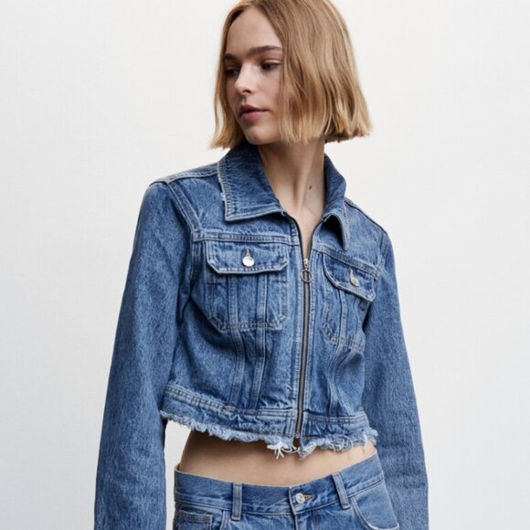 mango | frayed hem denim jacket | size: us xxl | blue | cropped | zipper - Picture 1 of 7